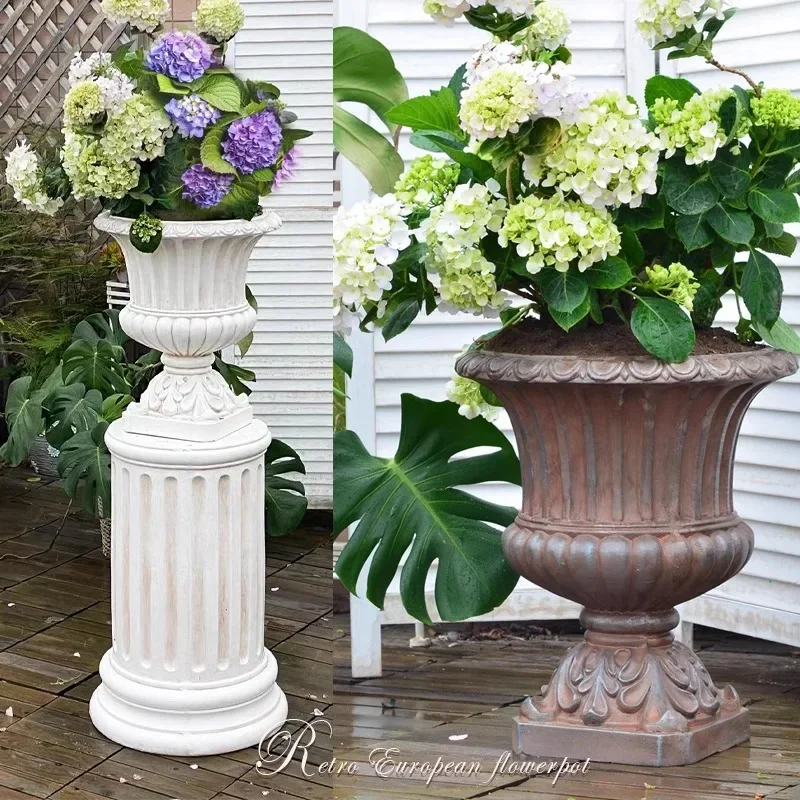 European-style large cylindrical tall Roman column flower pot decoration villa garden courtyard entrance retro ornament wedding