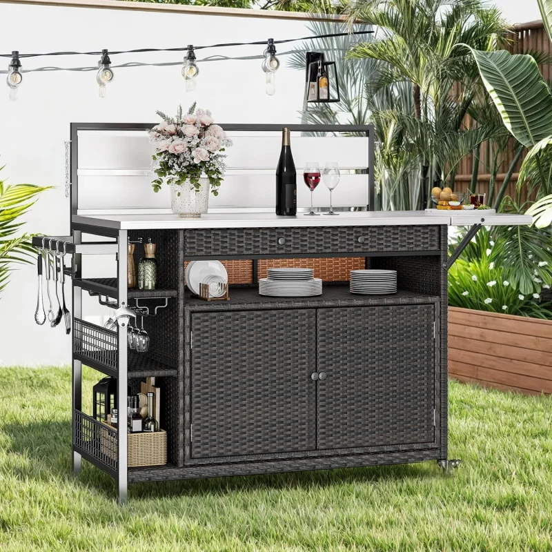 

Dark Brown XL Outdoor Bar Table & Storage Cabinet – Stainless Steel Extended Top, Wheels, Side Handle Patio/Kitchen/Bar Cart