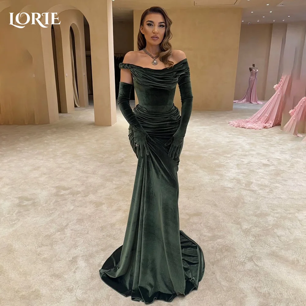 فستان سهرة بحورية البحر بكتف واحد من LORIE بأكمام طويلة فساتين حفلات أنيقة بطيات مخملية للحفلات الراقصة حسب الطلب
