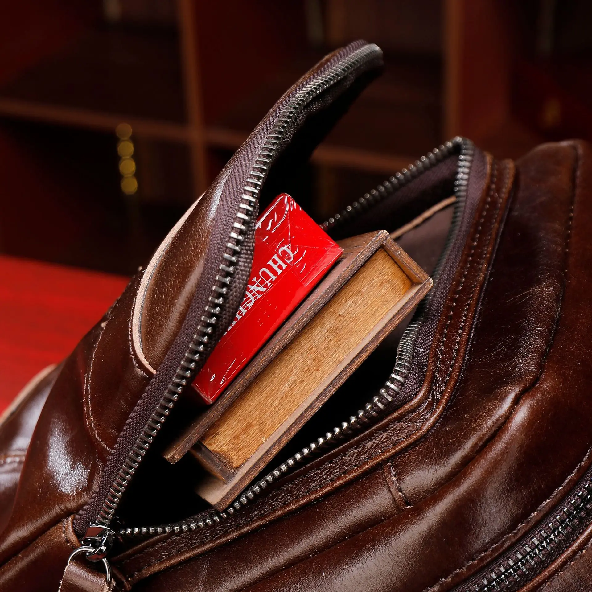 Top-Grain Leather Crossbody Bag for Men - Multi-Compartment Cashier Work Chest Bag
