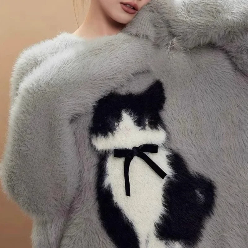 Pullovers Women Fun Cat Pattern Bow Design Japanese Style Oversized Knitted Sweaters Autumn Loose Couples Chic Sweet Soft Tops