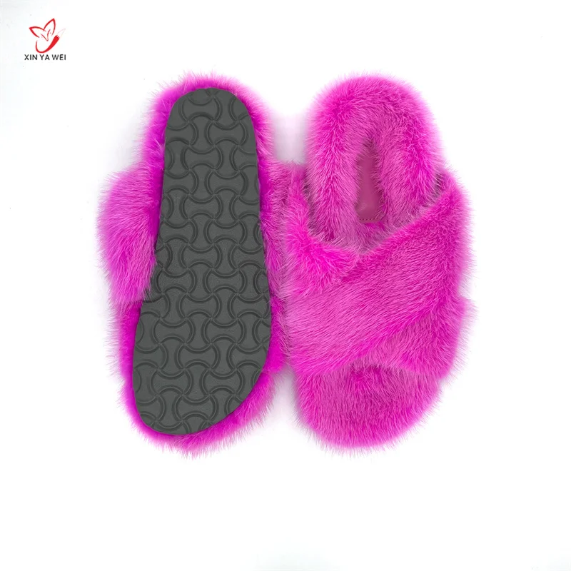 Mink Slippers Winter Women\'s Real Mink Fur Slippers Fashion Ladies Furry Slippers Shoes Women Girls Flat Slippers Outside Shoes