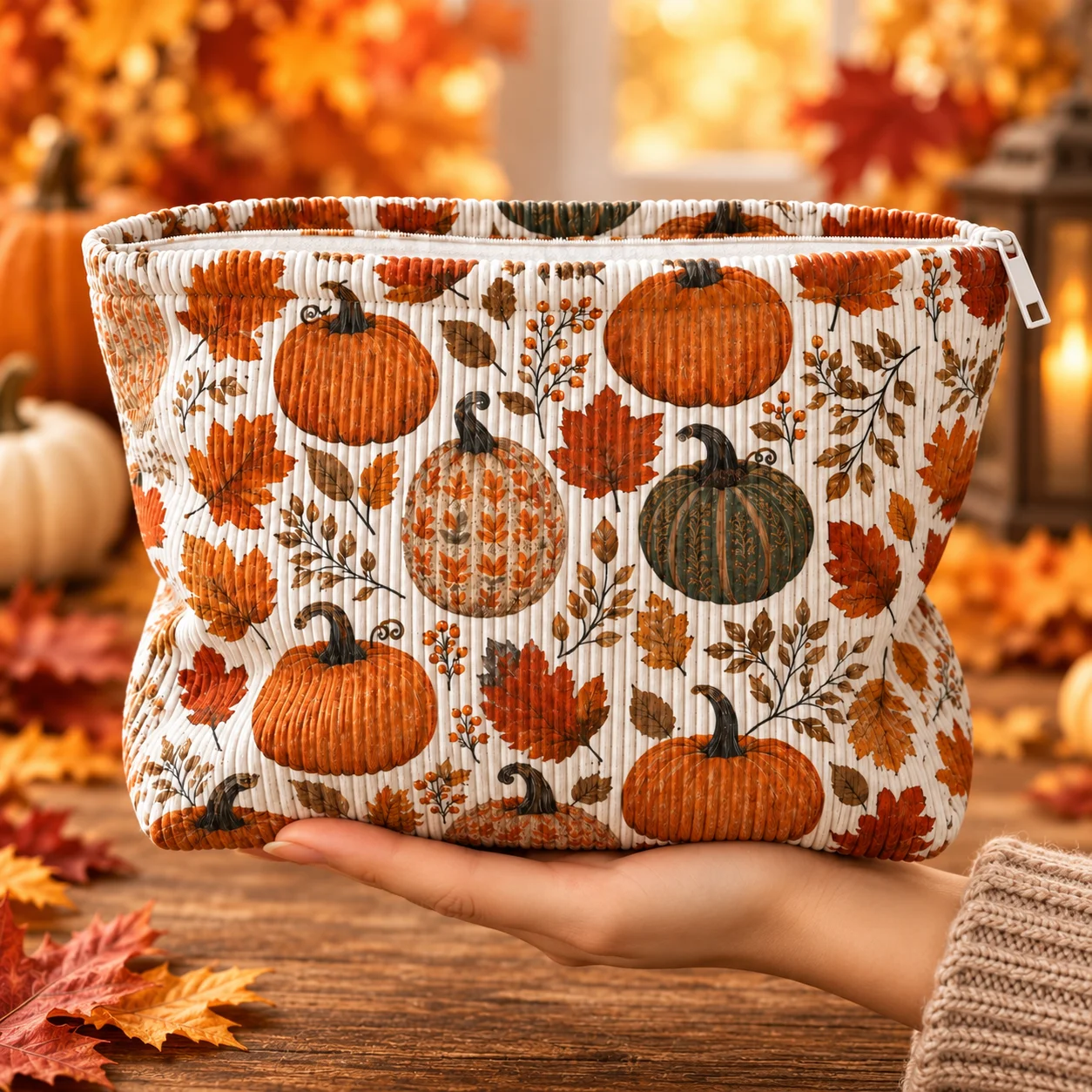 Pumpkin Leaf Print Cosmetic Bag Corduroy Storage Pouch Large Capacity Travel Toiletry Organizer Makeup Case for Women Girls