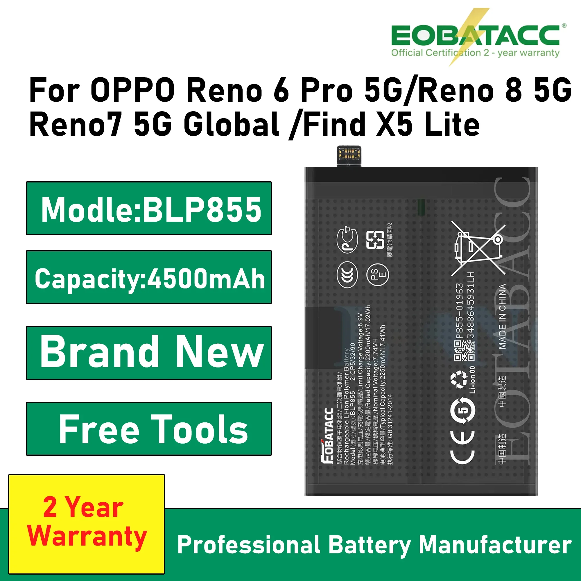2025 Years EOBATACC 100% New New BLP855 Battery 4500mAh For OPPO Reno 6 Reno6 Pro 5G Mobile Phone+Free Tools