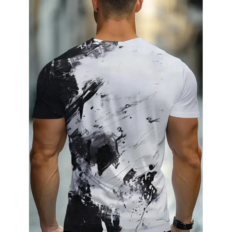 Men Black Ink Brush Splash Print T Shirt O Neck Short Sleeve Abstract Streetwear Casual Fashion Male Daily Tops