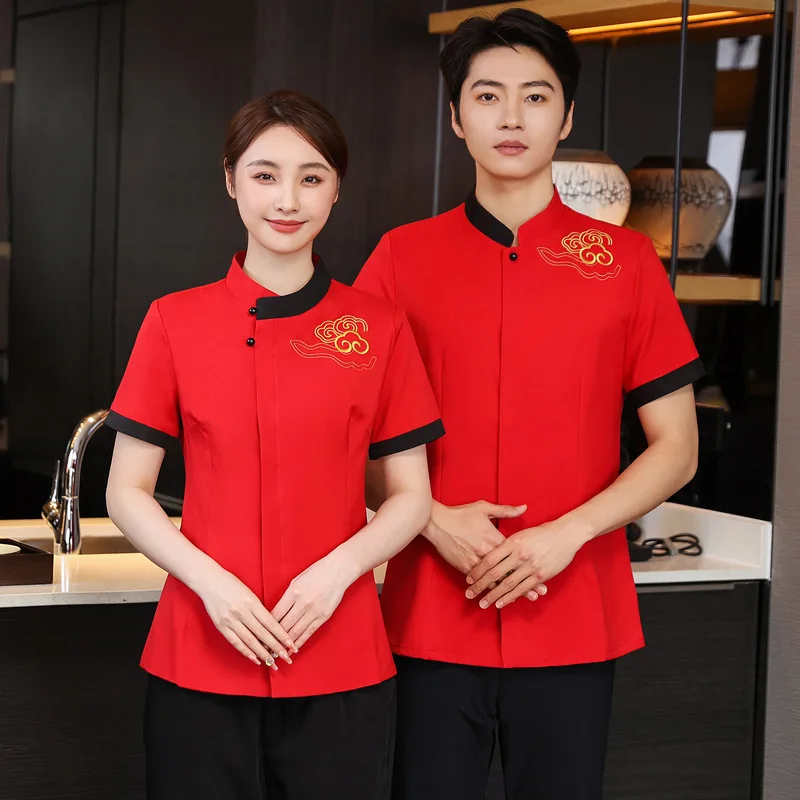 Waiter Workwear Short Sleeve Hotel Tea House Chinese Restaurant Catering Hot Pot Restaurant Cafe Uniform Summer Dress for Women