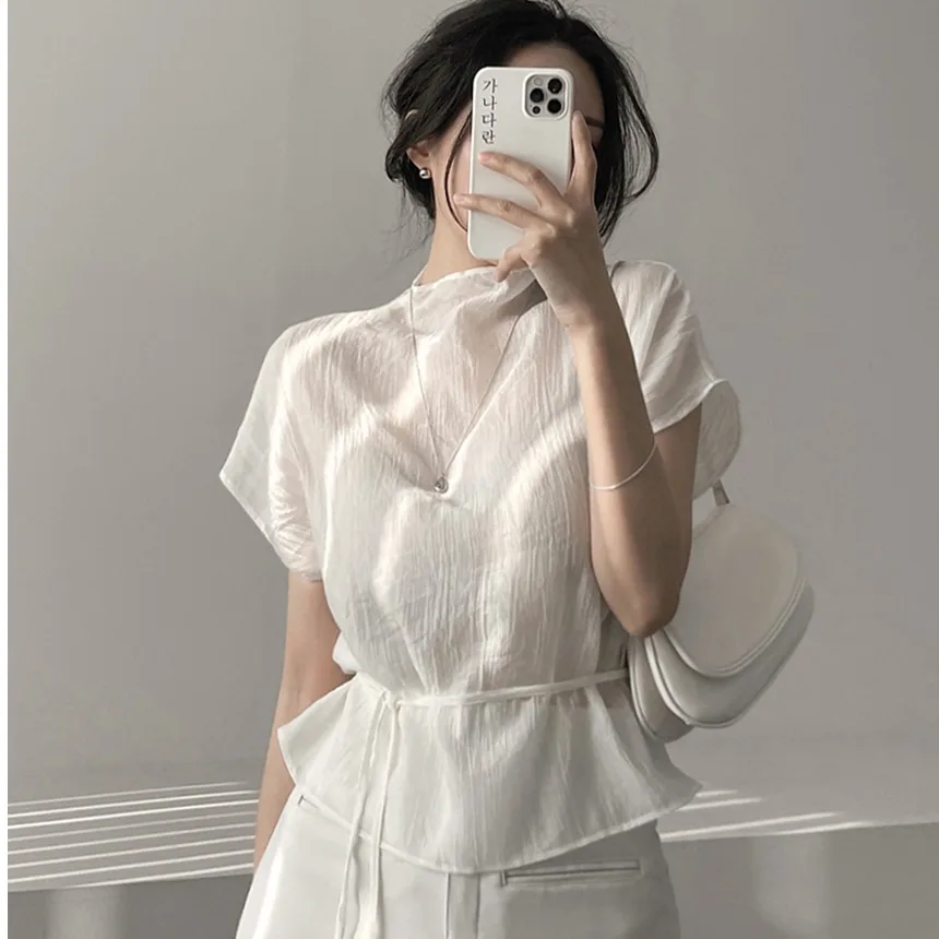 French Style Versatile Half High Collar Pleated Belted Sexy Semi-Transparent Top Women's Summer Shirt Short Sleeve Casual Wear