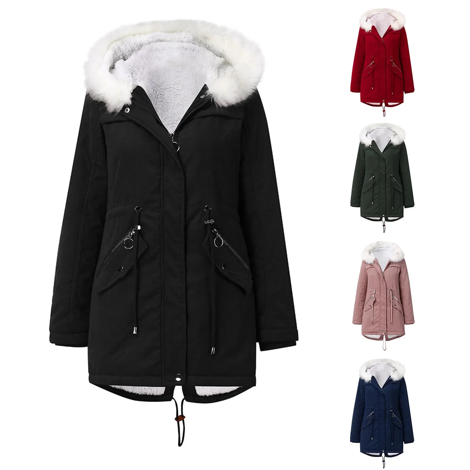 European Size Spring and Autumn Winter White Fur Collar Medium Long Hooded Warm Cotton Jacket for Women