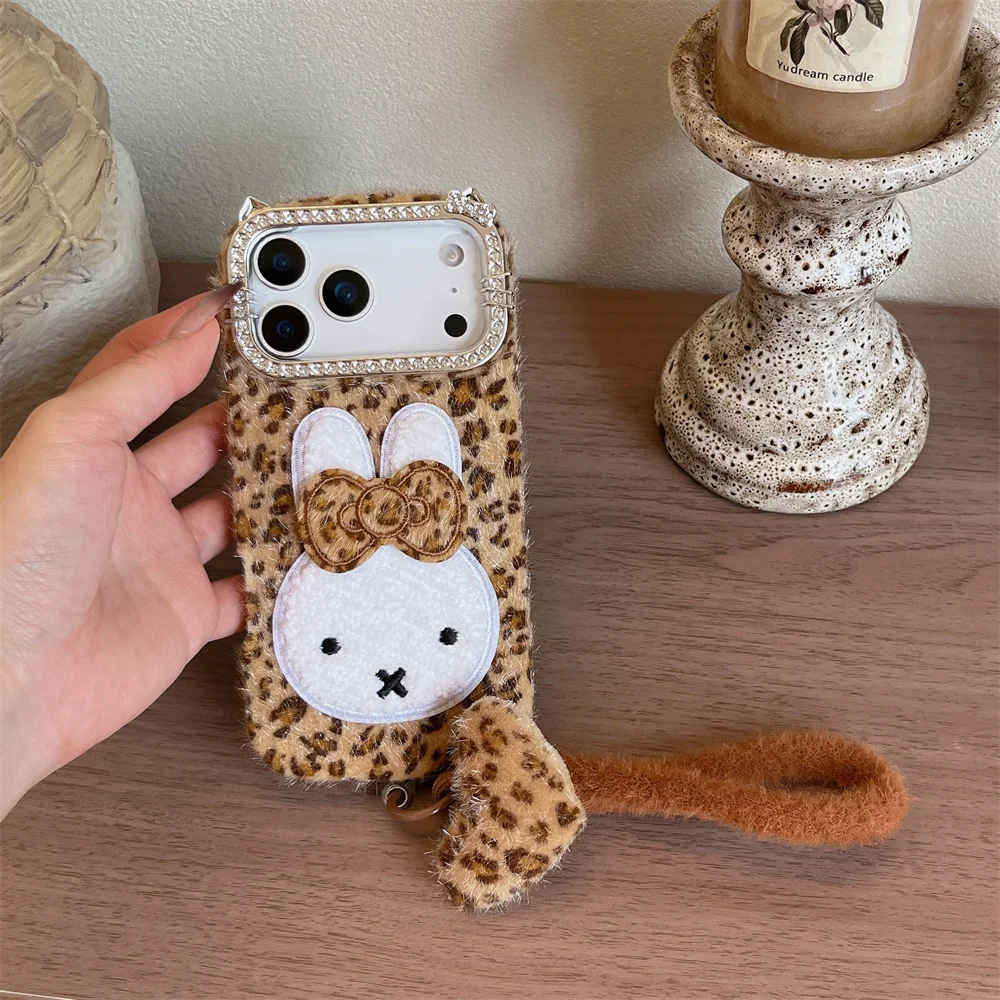 Korea Ins Leopard miffy Embroidery Phone Case For iPhone 18 Pro 14 15 16 17 Pro Max Cover Shockproof Cute Plush Cases with Chain