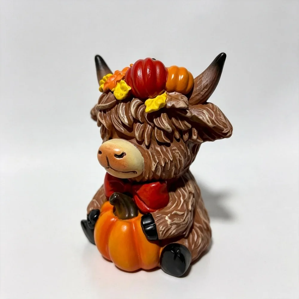 One Random Halloween Highland Cow Figurine Pumpkin and Maple Leaf with A Scottish Fairy, A Festive Table Decoration Figurine