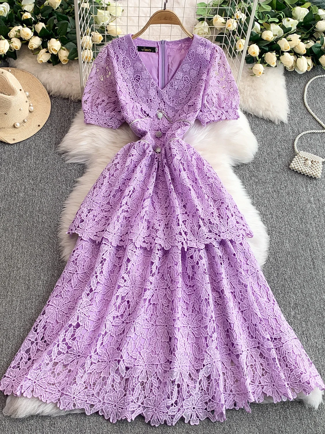 

Ele Faionable Heavy Embroidery V-Ne Dr Women's Summer High Waist Cake Long Skirt Korean Sle Commute Lace Dr