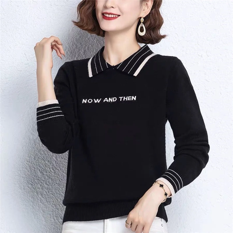 Women Trendy Letter Vintage Elegant Knitwear Autumn and Winter Korean Long Sleeve Kintted Sweater Female All Match Pullover Tops