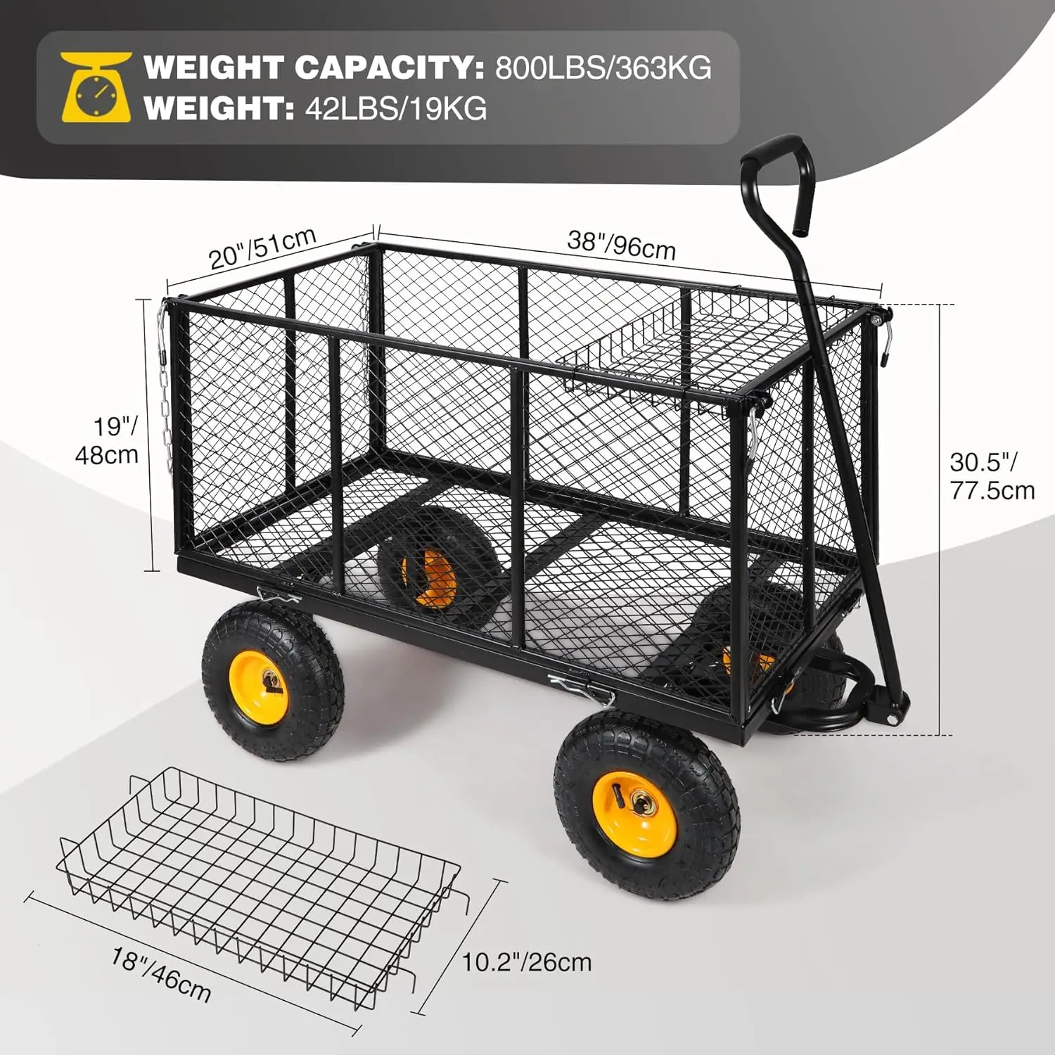 Oversized Heavy Duty Pullable Garden Carts,800 Lbs Capacity Utility Mesh Iron Garden Wagons with Removable Sides, Basket