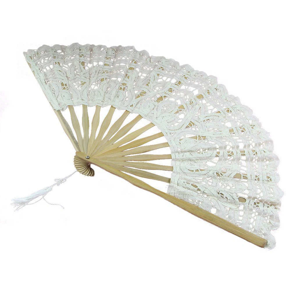 Handmade Cotton Lace Folding Hand Fan for Party Bridal Wedding Decoration ( Beige)