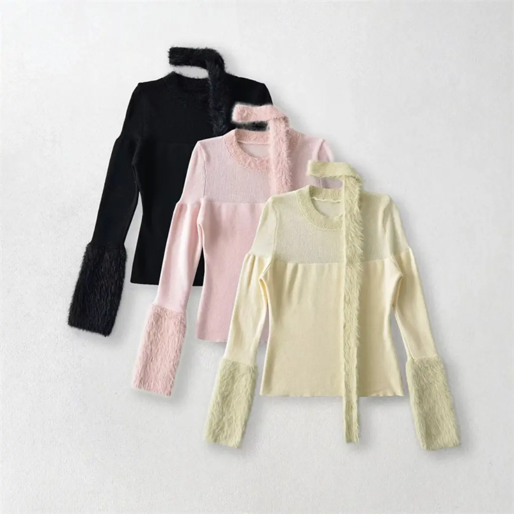 

Sexy Mesh Halter Neck Sweater Pure INS Blogger Style round Neck Hollow Design Bottoming Knitwear for Autumn Winter Hot Girl