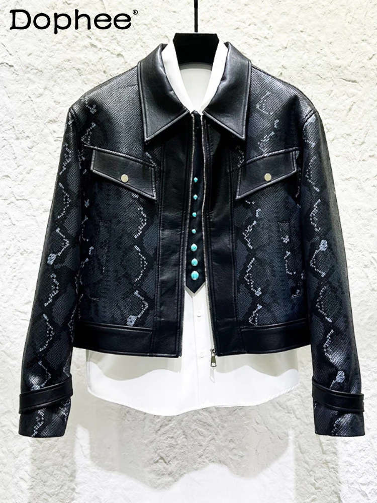 American Style Retro Trendy Snake Skin Pattern Jackets Men's 2025 Autumn New Personality Design Splicing Leather PU Short Coats