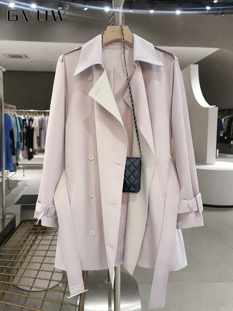 

GVUW Minimalism Trench Coat Women Fashion Double Breasted Lapel Full Sleeve Solid Color Belt Outwear New 2024 Coats 17G7697