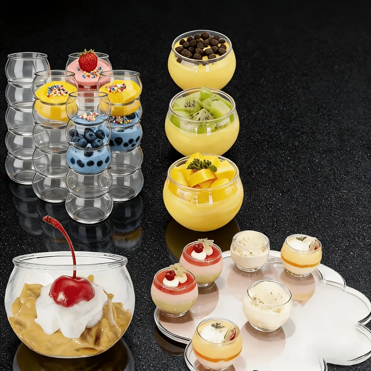 9/19/29/39Pcs Disposable Transparent Round Dessert Cups, Pudding Mousse Ice Cream Bowls for Wedding Party Holiday Table Decor