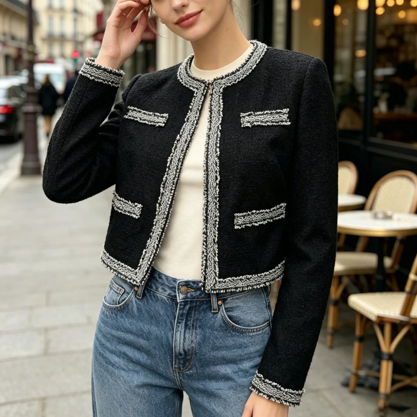 French-style Tweed. Short Jacket For Women, Black, Circular Neck, Color-block Trim, Elegant And Sophisticated, Perfect. For Run!