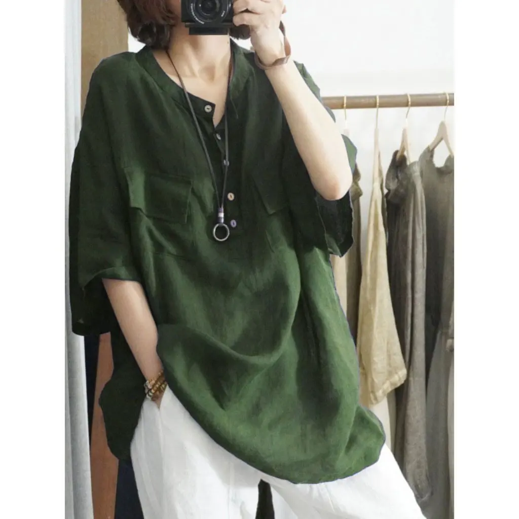 

Women's plus Size Cotton Linen Shirt Casual Loose Top Half Sleeve Collar Fashion Trend Wholesale
