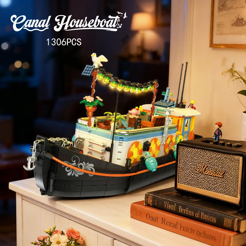 

Canal Houseboat Street View Building Blocks Set, Ship Construction Model with Light, Creative Gift for Adults