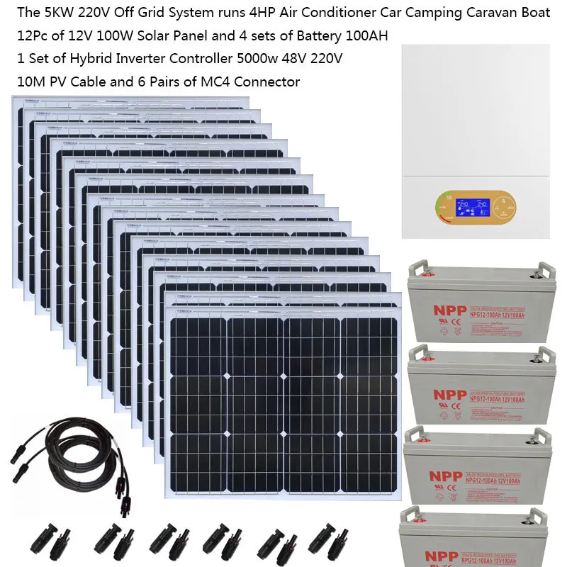 Zestaw solarny Kompletny 5KW 5000W 110v 220V Panel fotowoltaiczny 100W LiFePO4 Bateria litowa Hybrydowy falownik Dom Off Grid Samochód Przyczepa