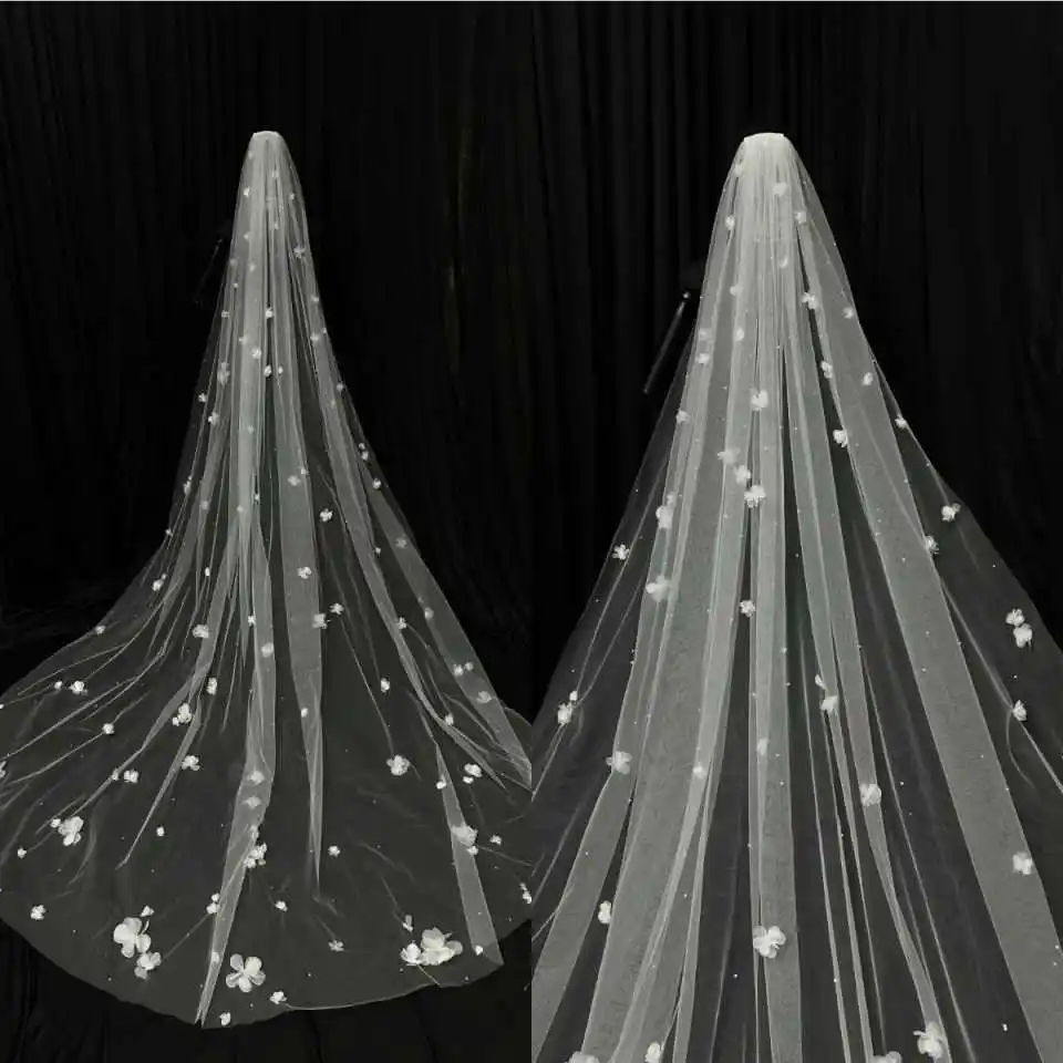 Stunning Bridal Veil Natural Spread Flowers Mini Pearl Beadwork Airy Soft Tulle Oversized Cathedral Wedding Banquet