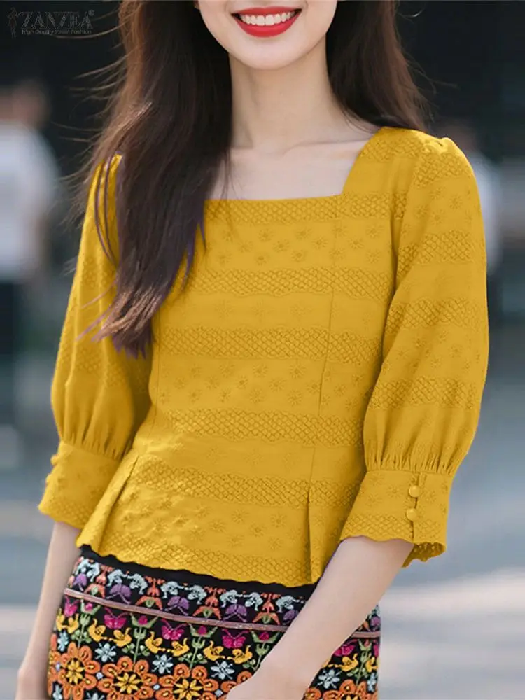 2025 mulheres elegante blusa bordada zanzea outono rendas retalhos camisa pescoço quadrado manga longa blusas de trabalho casual femme