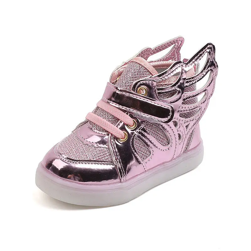 Children Shoes With Wing LED Luminous Sneakers Baby Girls Toddler Shoe Fashion Light Up Flat Skateboard Shoes Kids Casual Shoes