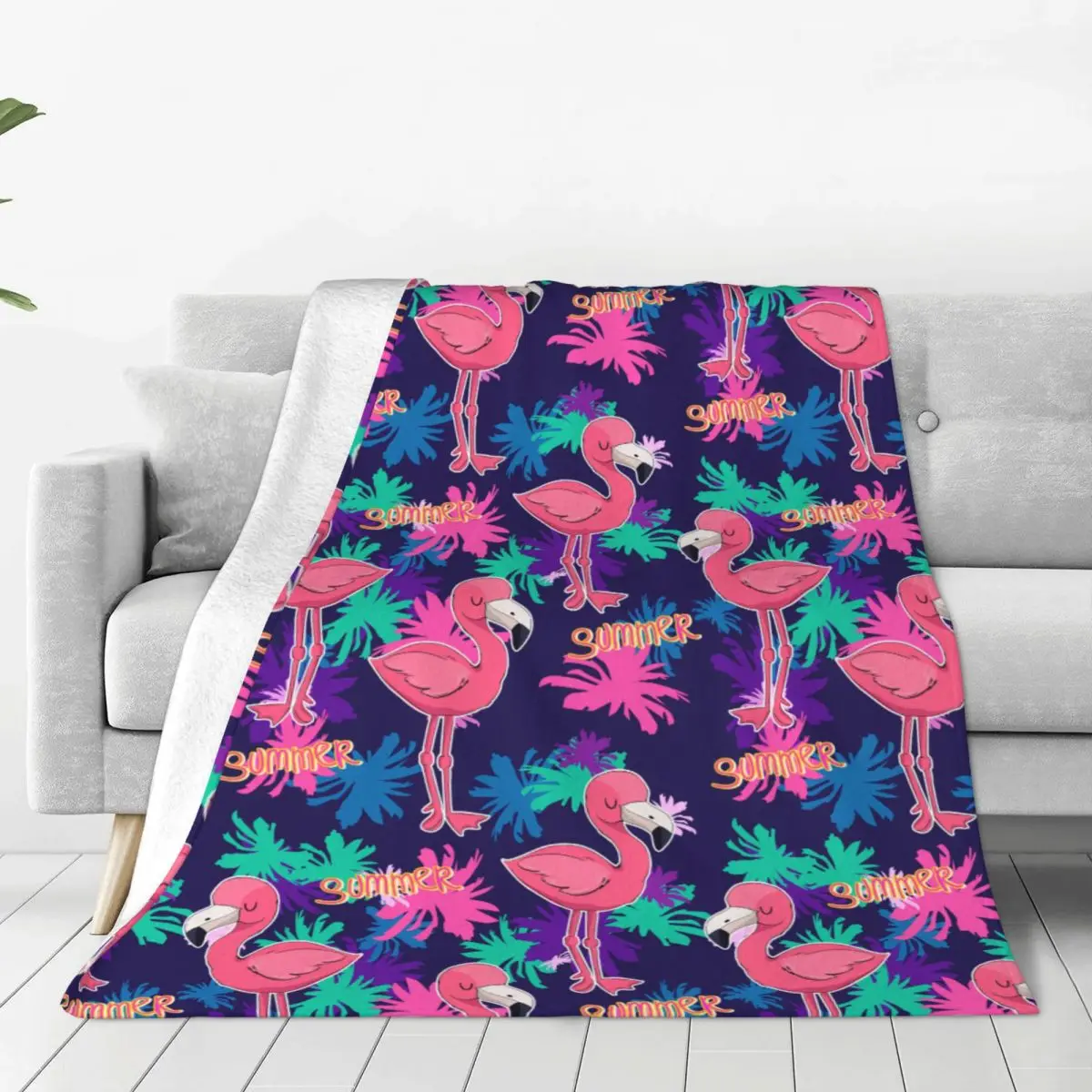 Cute Flamingo Pattern Palms Blankets Flannel Printed Multifunction Super Soft Throw Blanket for Bed Outdoor Bedspread