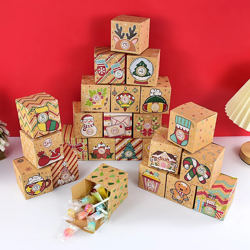 

24pcs Christmas Decoration 2024 Christmas Gifts Boxes Advent Calendar Number Printed Paper Box Xmas Cookie Candy Gift Packaging