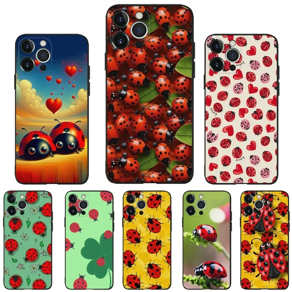 Insect Seven-star ladybug Phone Case For iPhone 16,15,14,13,12,11,Plus,Pro Max,XS,X,XR,SE,Mini,8,7 Soft Silicone Black Cover