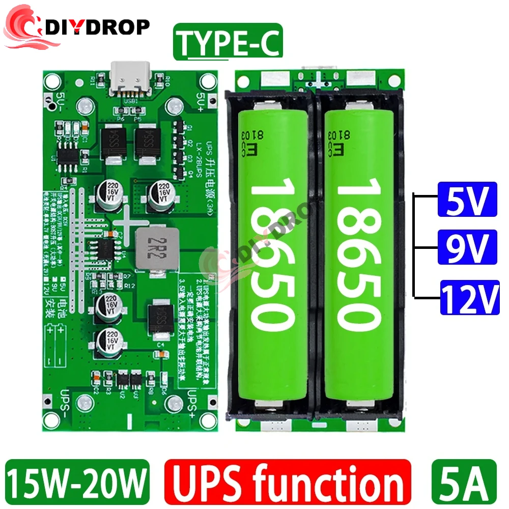 18650 modulo caricabatteria al litio Type-C 15W 3A DC-DC Booster Step Up ricarica rapida UPS alimentatore/convertitore ad alta potenza 5V 9V 12V