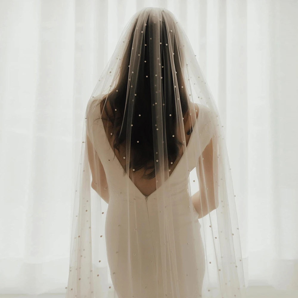 ผ้าคลุมหน้าเจ้าสาวแบบชั้นเดียว ผ้าทูลเนื้อนุ่ม ผ้าคลุมหน้าเจ้าสาวสำหรับงานแต่งงาน ขนาด 100 ซม. 200 ซม. 300 ซม. สีขาว สีงาช้าง อุปกรณ์เสริมงานแต่งงาน ประดับมุกเย็บมือ รุ่น G05