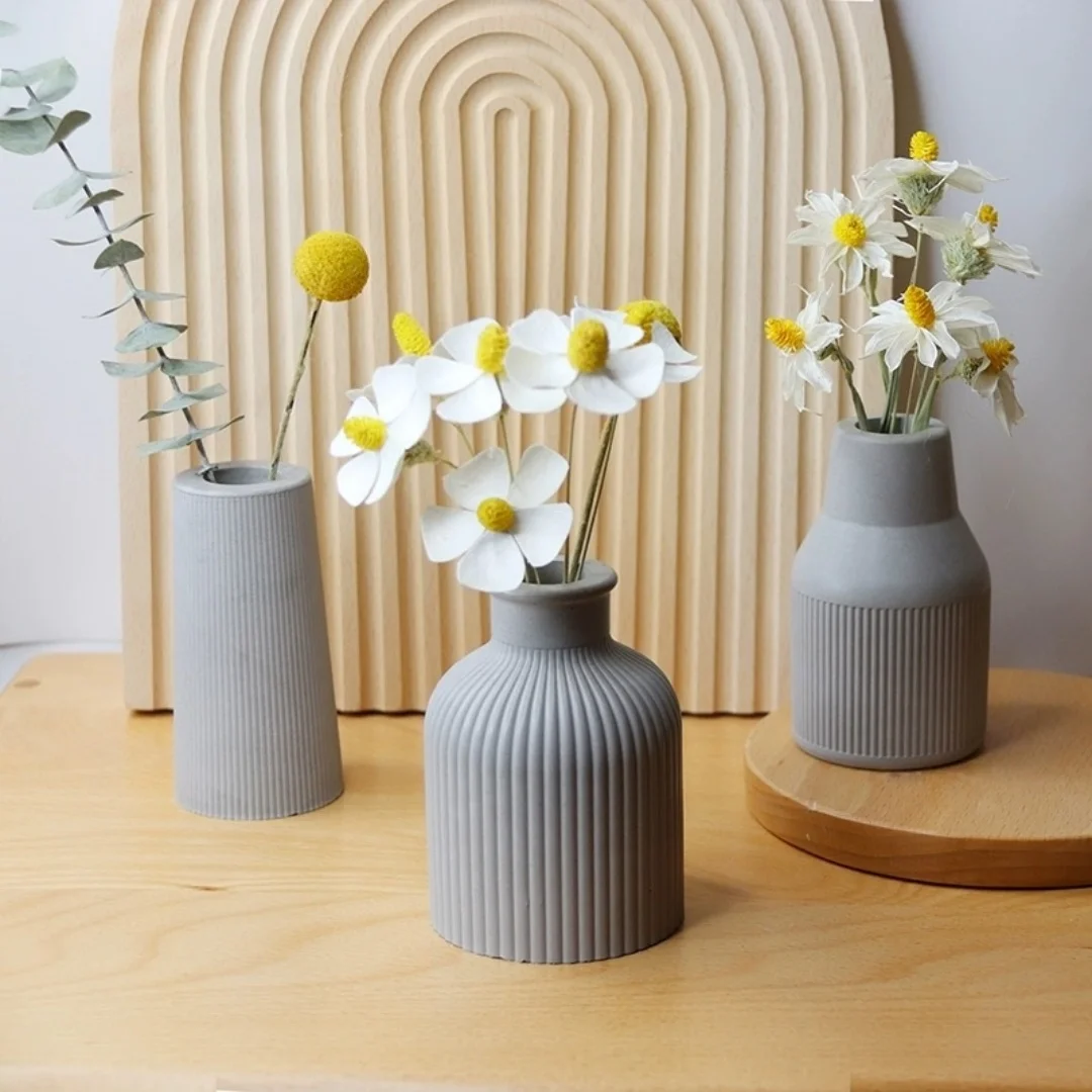 Mini Flower Vase Silicone Mold Stripe Design Concrete Cement Desktop Decoration Epoxy Resin Mould