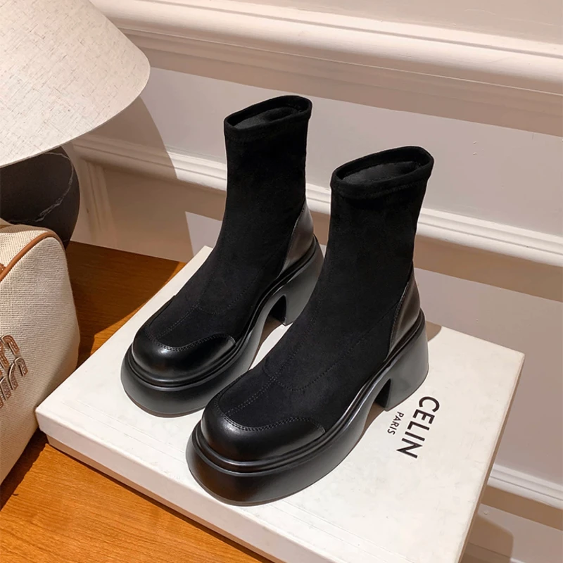 

Elastic Thin Boots Women's 2025 New Velvet Thick-soled Boots Inner Height Increase and Thin Short Boots