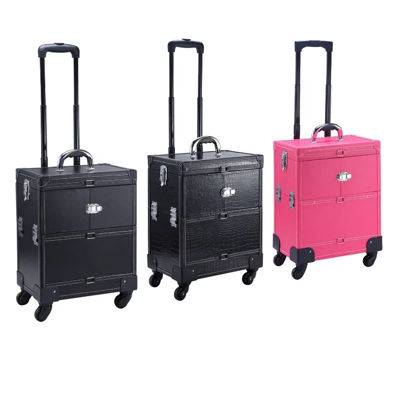 

Professional trolley cosmetic case, beauty pattern embroidery removable, with mirror and makeup case, multi-layer