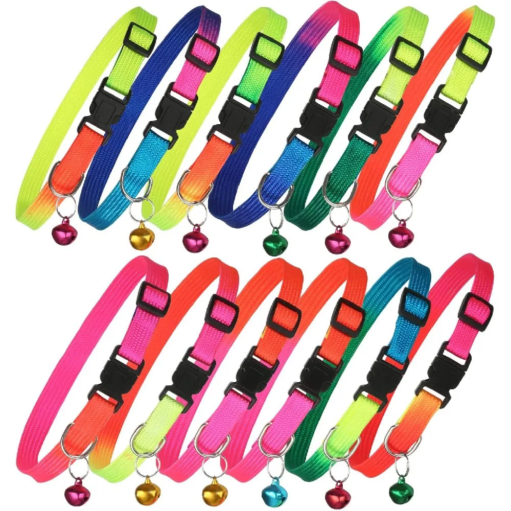 2 Pack Colorful Pet Collar with Bell, Soft Nylon Adjustable Cat and Small Dog Collar with Removable Sturdy Bell, Vibrant Safety Collar for Kittens and Puppies (Random Colors)