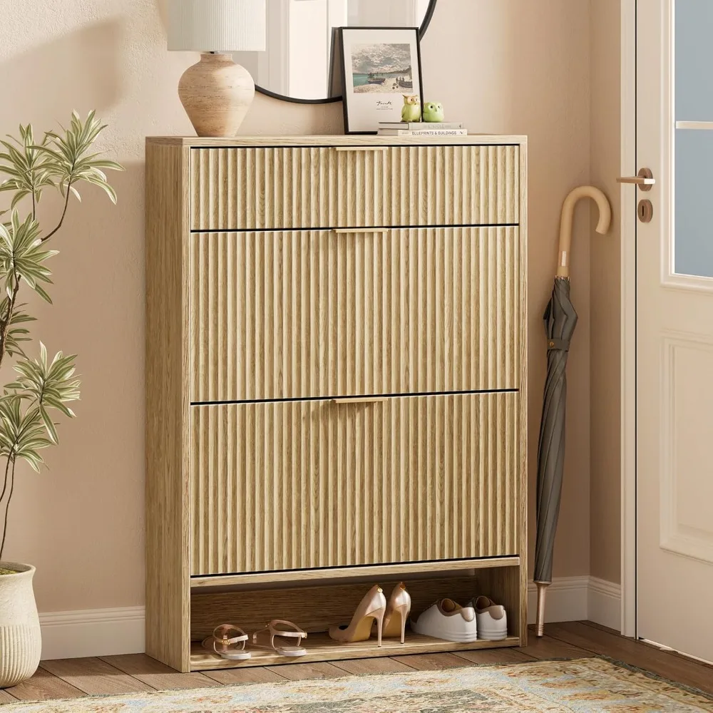 خزانة أحذية من خشب البلوط للمدخل مع درجين قابلين للطي، وخزانة أحذية بتصميم نحيف للمساحات الضيقة #1