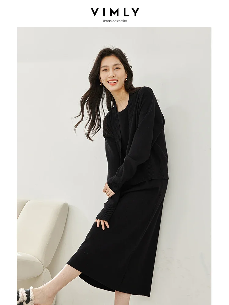 Vimly Black Cardigan Knitted 2 Piece Women Sets 2023 Autumn Casual Long Sleeve Tops O-neck Sleeveless Midi Women\'s Dresses 10750