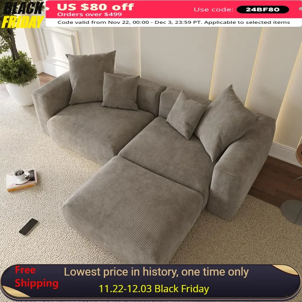 

Modular Sectional Sofa Couch,L Shape Sofa, 2 Seater with 1 Ottoman Upholstered with Corduroy Fabric Couches with 4 Pillows