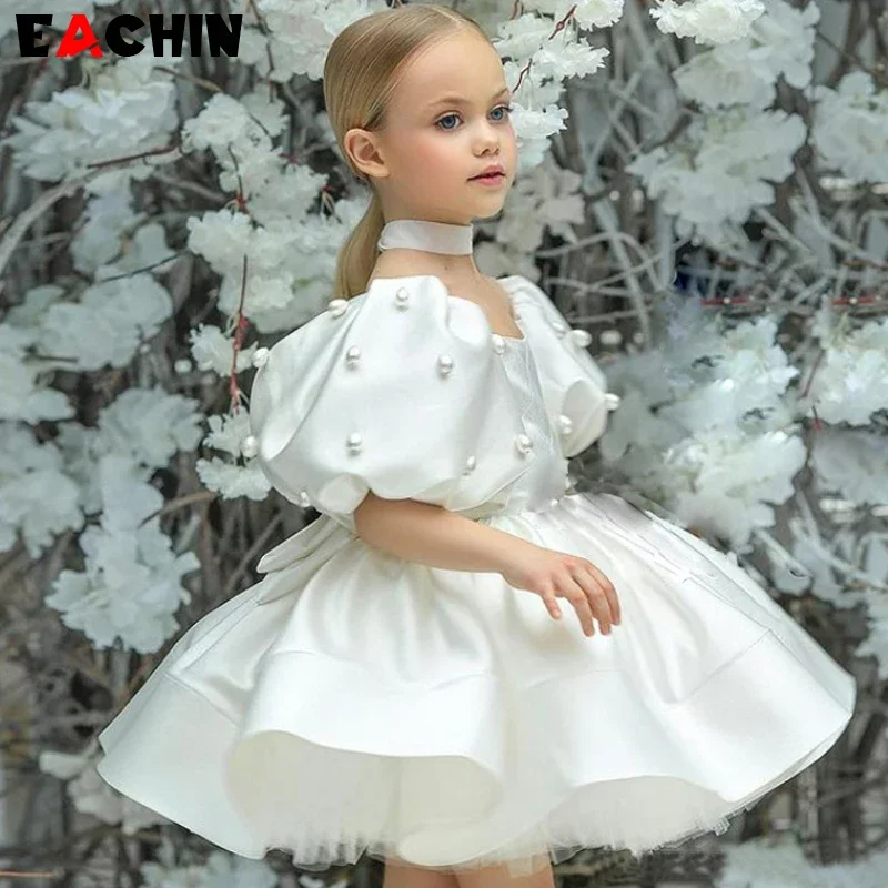 

Baby Girls Birthday Dress Kids Elegant Retro Princess Dresses New Fashion Puff Sleeve Pearls Prom Dress for Girl Party Clothing