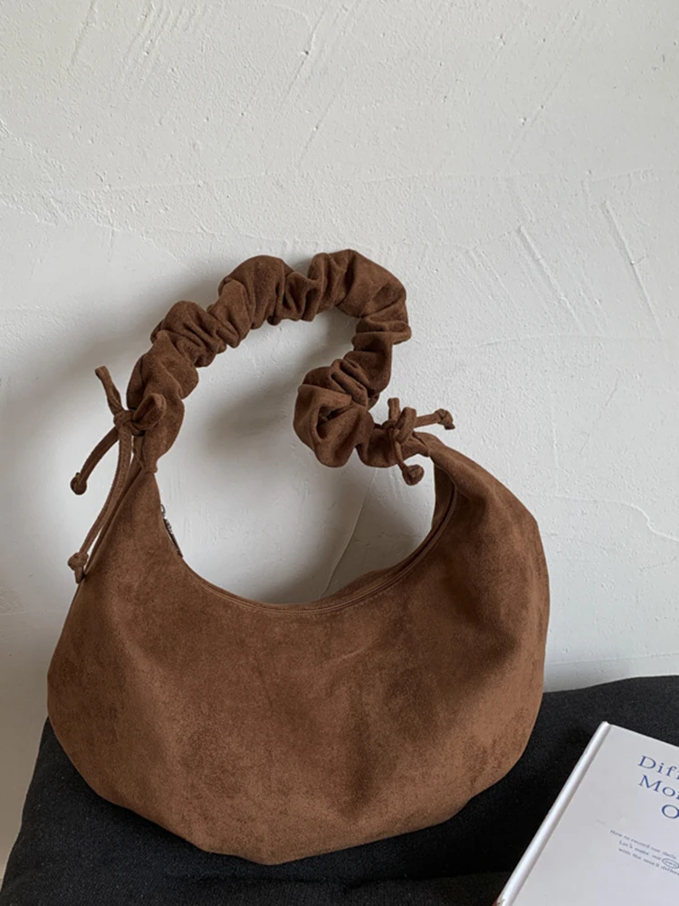 

Casual Vintage Faux Suede Pleated Shoulder Bags Women's Autumn Winter Simple Solid Color Versatile Handbags Female Crossbody Bag