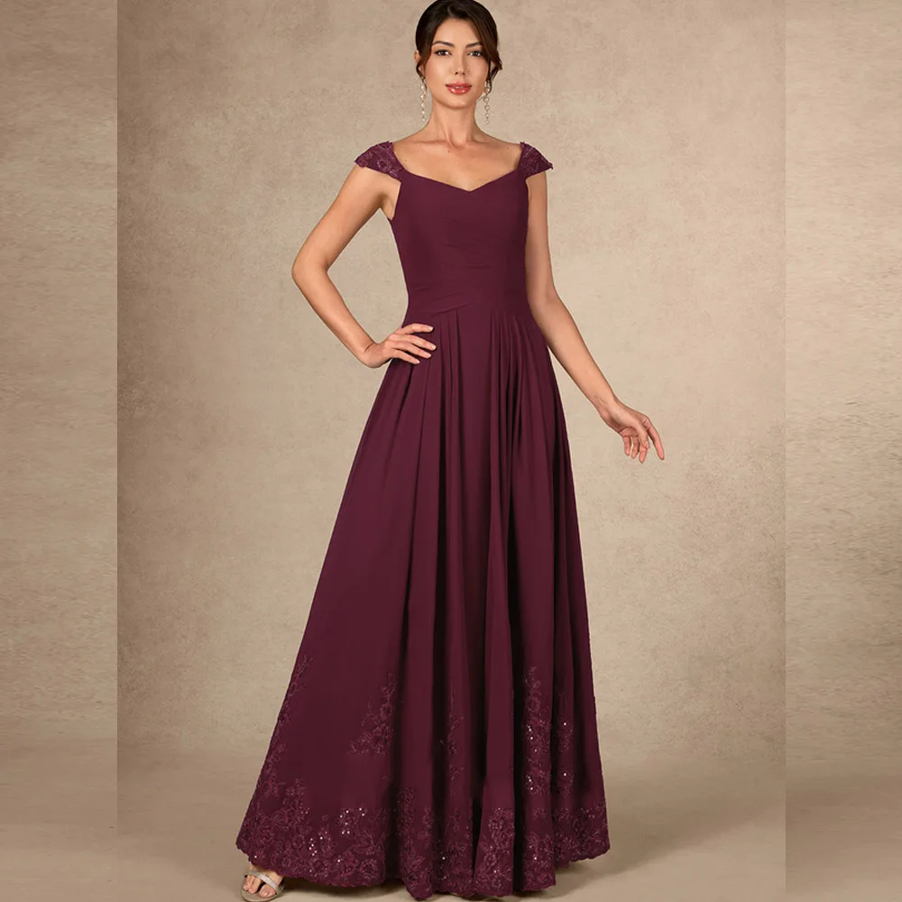 Customized Mother of The Bride Dress Sleeveless V Neck Lace Sequined Applique A Line Chiffon Wedding Guest Gown Party Dresses