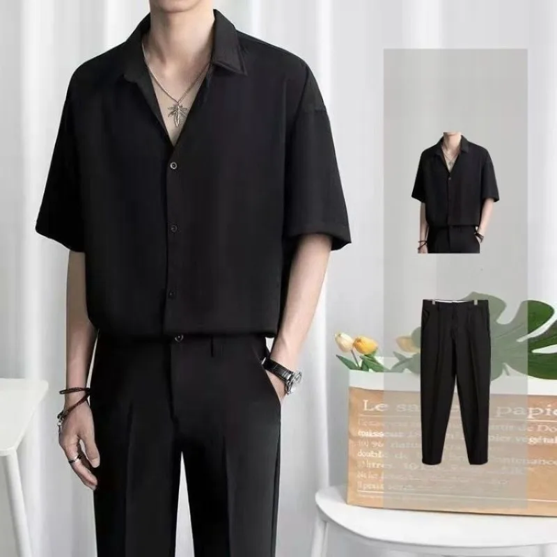Men Summer Short Sleeve Set Trendy Premium Thin Loose Fit Casual Draping Ice Silk Solid Color Shirt view 2