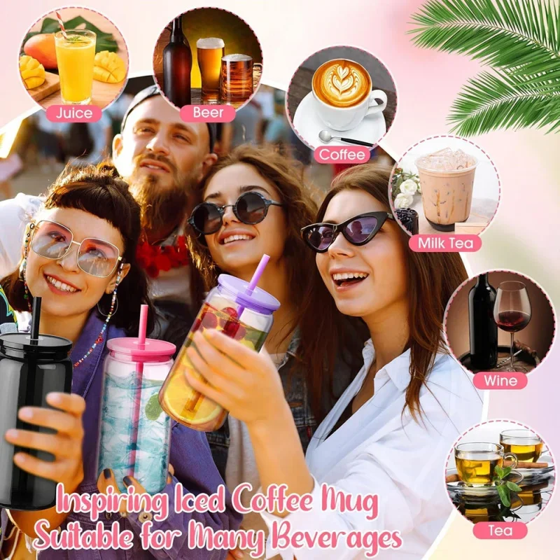 6PCS Transparent Plastic Straw Tumbler with Colored Lid Reusable Water Bottles Break-Resistant Mason Jar Cups for Holiday Gifts