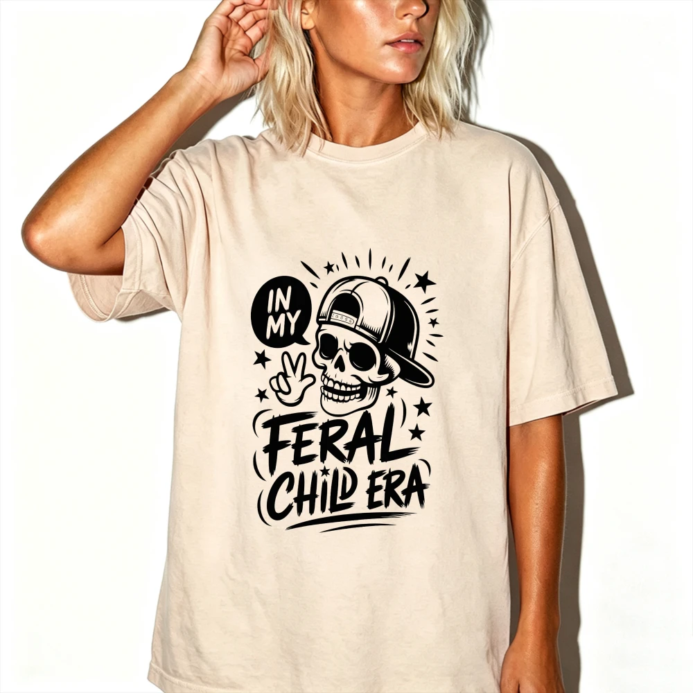In My Feral Child Era Graphic T Shirt Cool Skull with Cap Peace Sign Stars Retro Sketch Funny Sarcastic Quote Edgy Aesthetic Tee