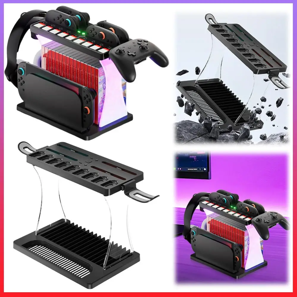 

Многофункциональная подставка для хранения игр с RGB-подсветкой и док-станцией для зарядки, игровая башня для Nintendo Switch 2, органайзер для дисков и контроллеров