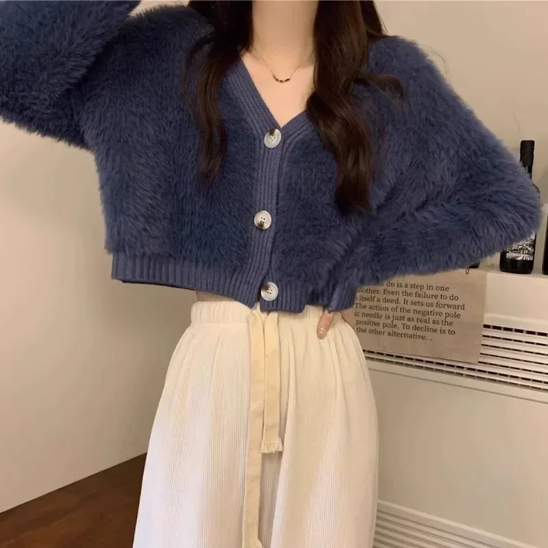 Sweet Fluffy Cardigans for Women Tender Korean Style Cropped Sweaters Feminine Autumn Winter Knit Stylish Chic V-neck Outerwear