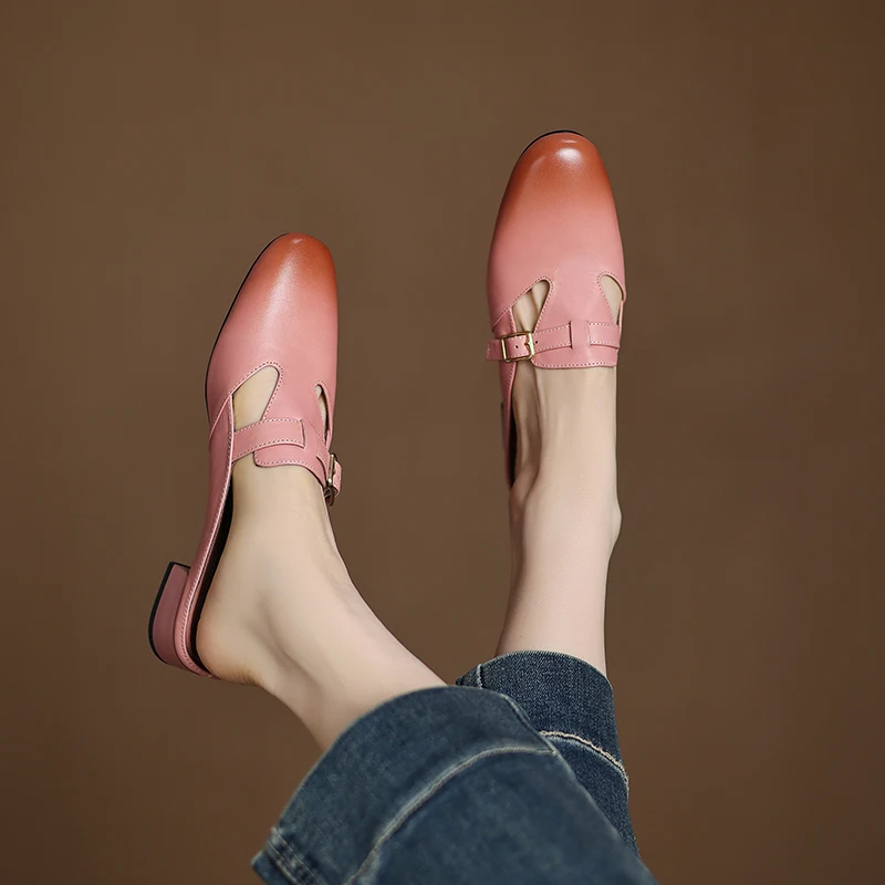 Dames nieuwe zomer echt leer koeienhuid kleurblokken ronde neus, middelhoge hak, plus size riemgesp, omwikkeld in Mueller-slippers